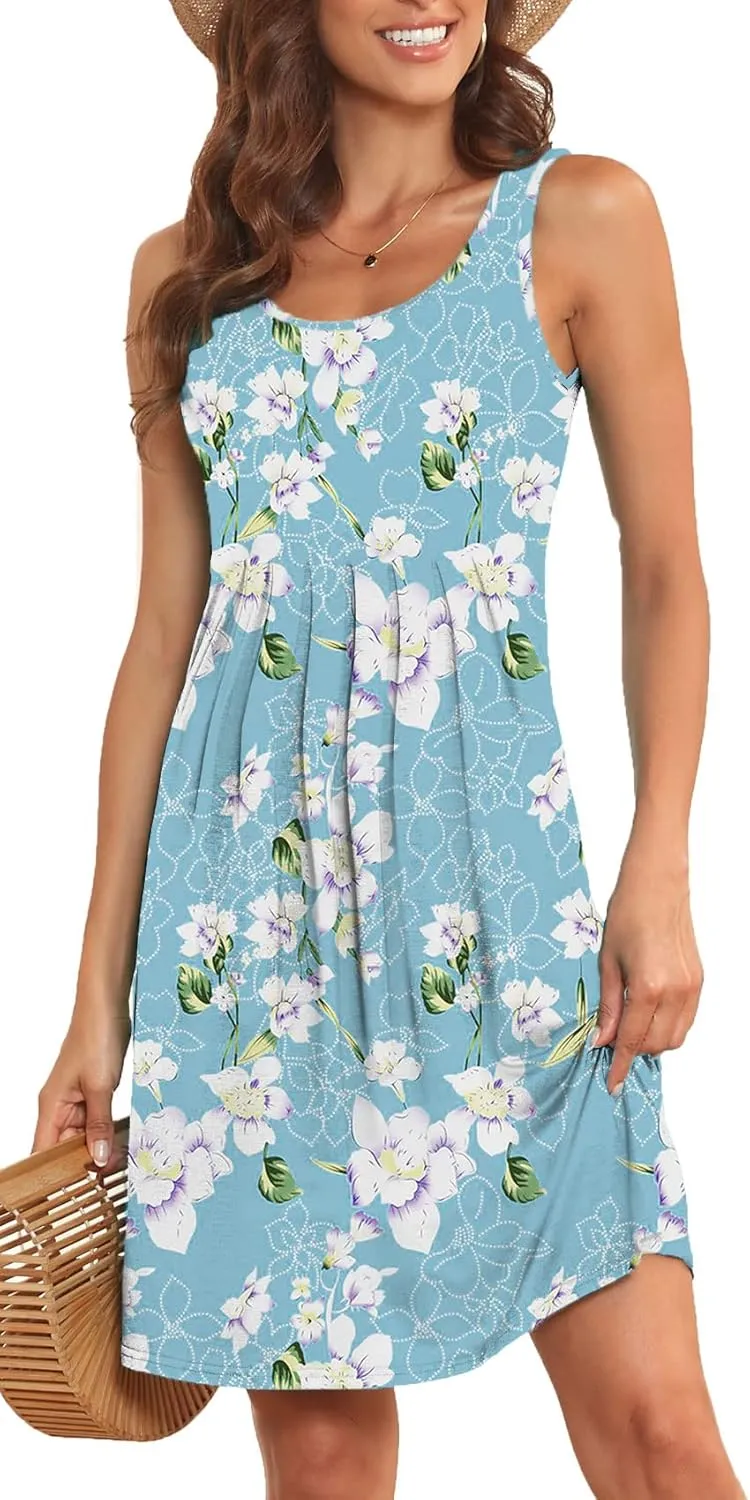 Akihoo Women Summer Casual Sleeveless Midi Plain Pleated Tank Vest Dresses