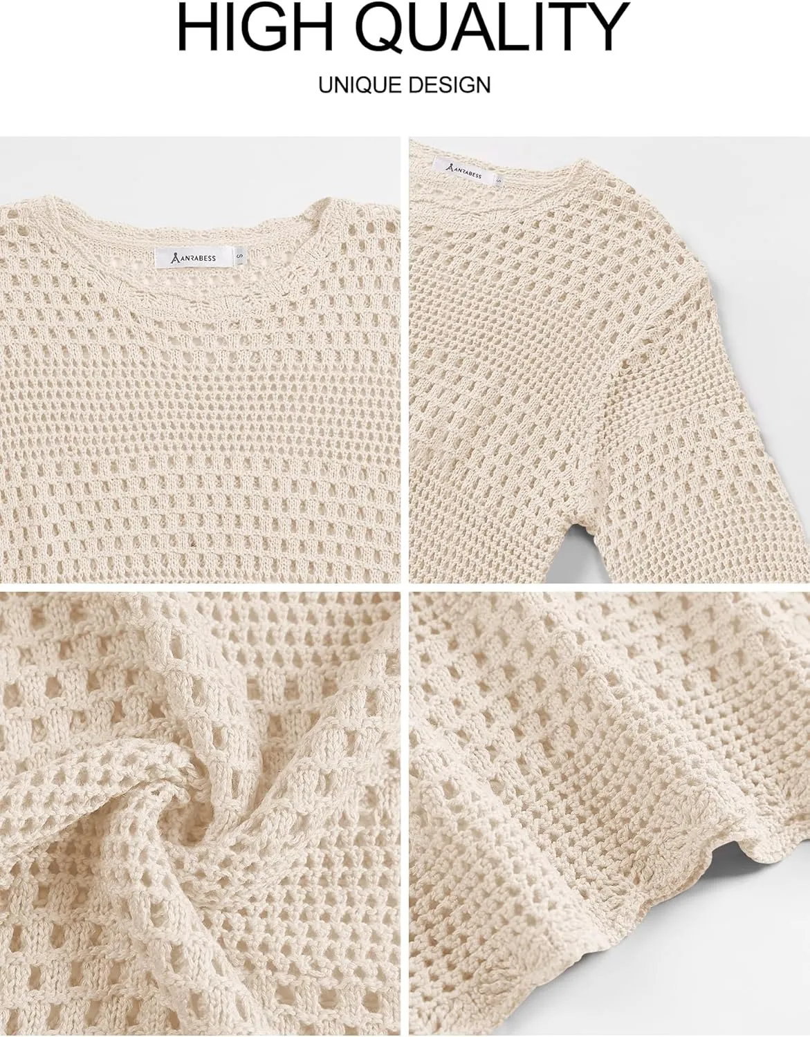 ANRABESS Womens Crochet Cover Up Summer Long Sleeve Loose Fit Casual Sweater Tops Hollow Out Knit Swimwear 2025 Beach Shirts