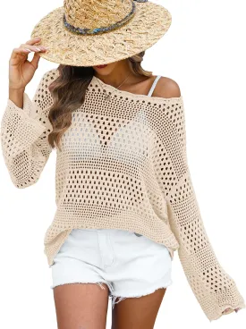 ANRABESS Womens Crochet Cover Up Summer Long Sleeve Loose Fit Casual Sweater Tops Hollow Out Knit Swimwear 2025 Beach Shirts