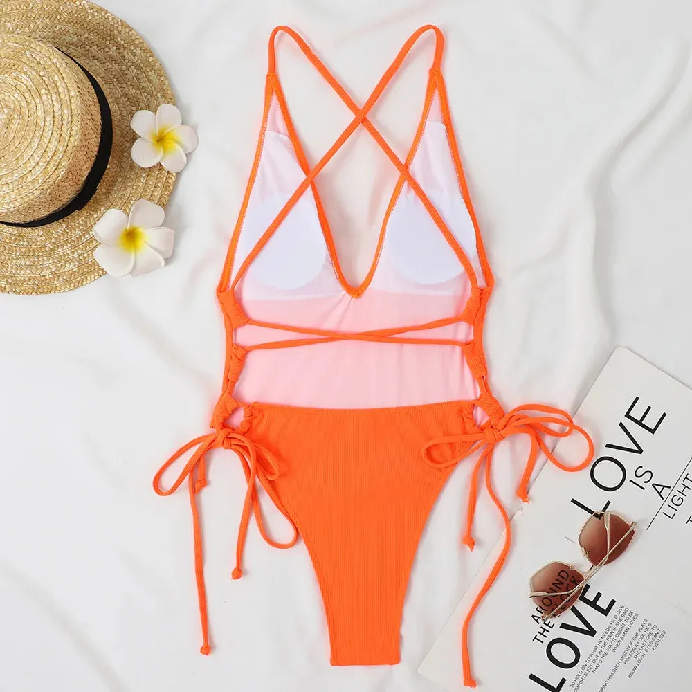 Backless deep cut one piece swimsuit