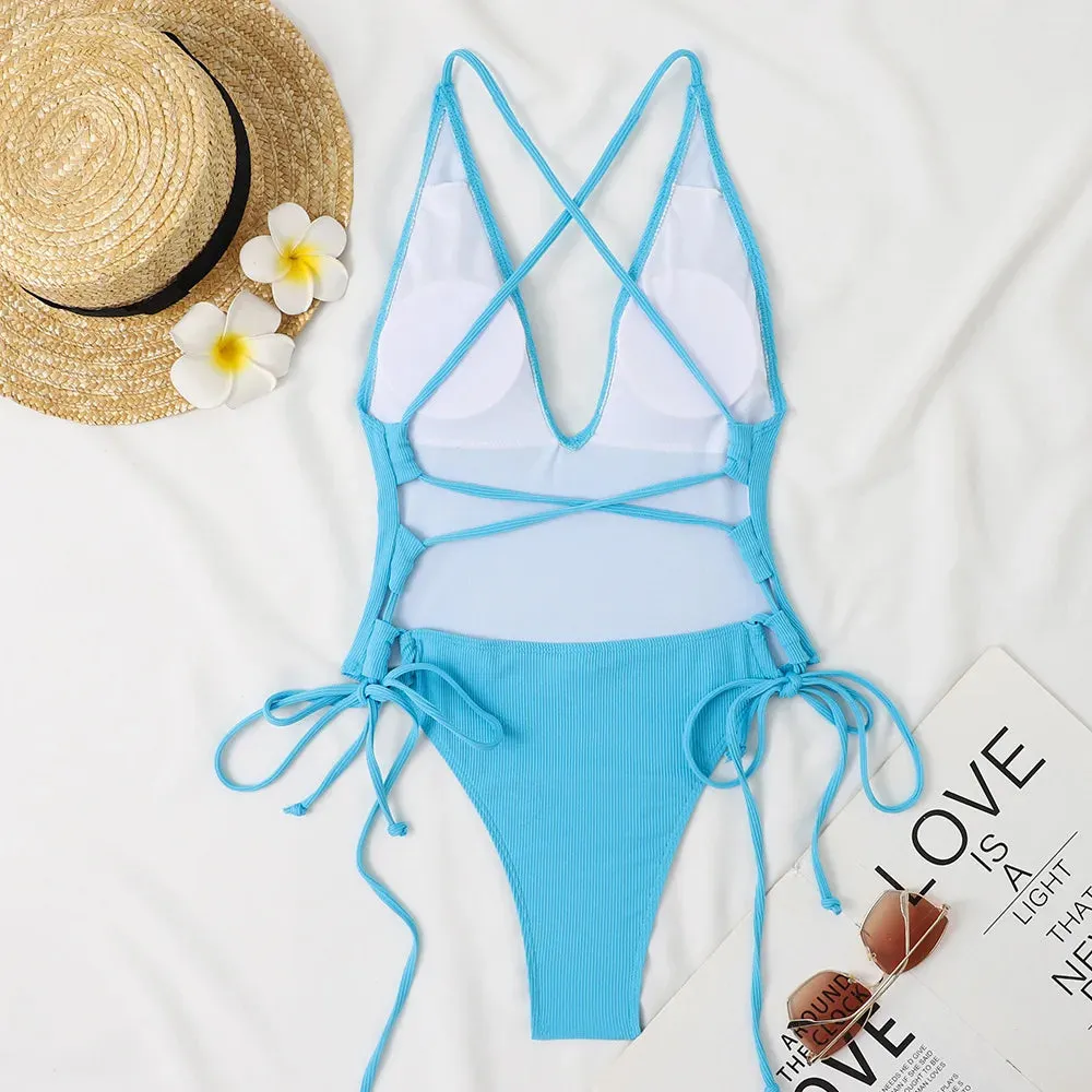 Backless deep cut one piece swimsuit