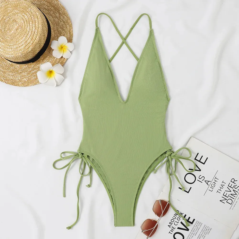 Backless deep cut one piece swimsuit