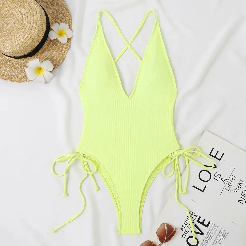 Backless deep cut one piece swimsuit