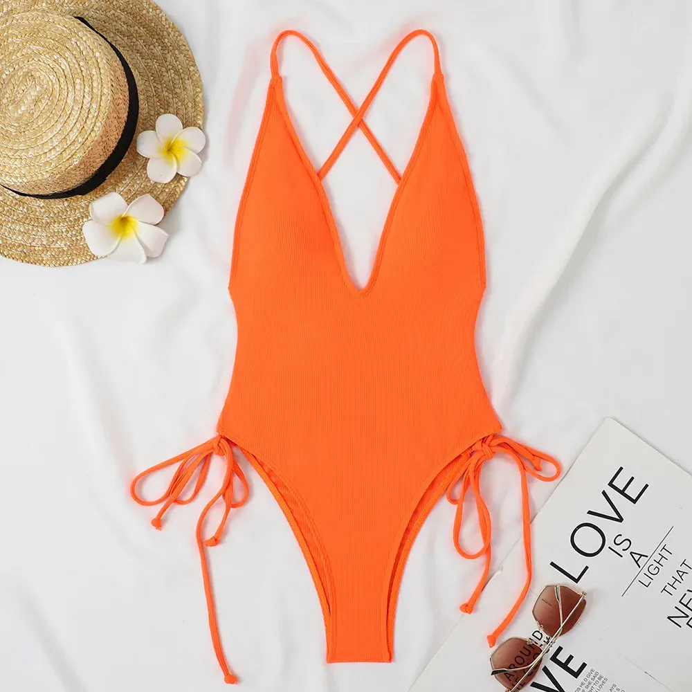 Backless deep cut one piece swimsuit