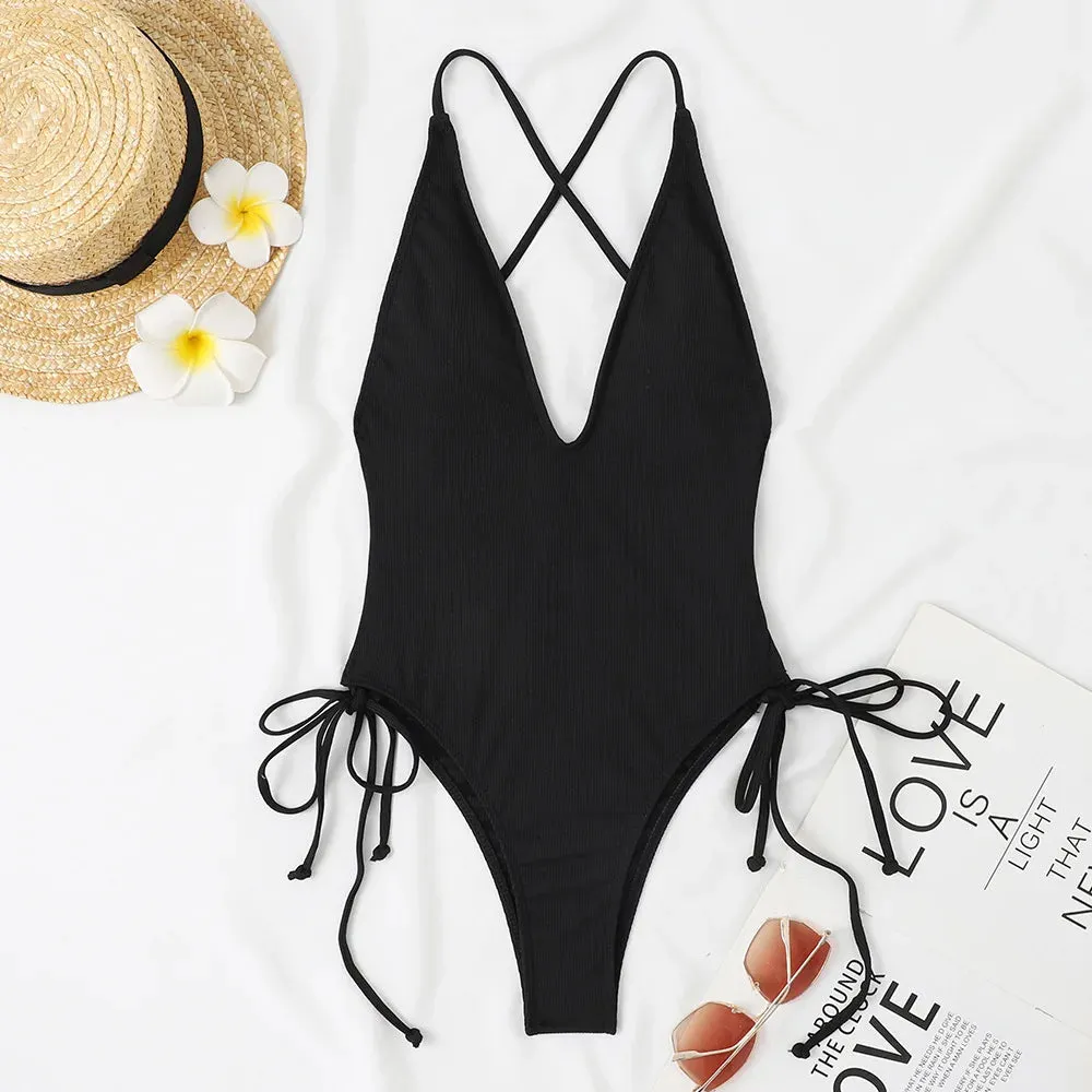 Backless deep cut one piece swimsuit