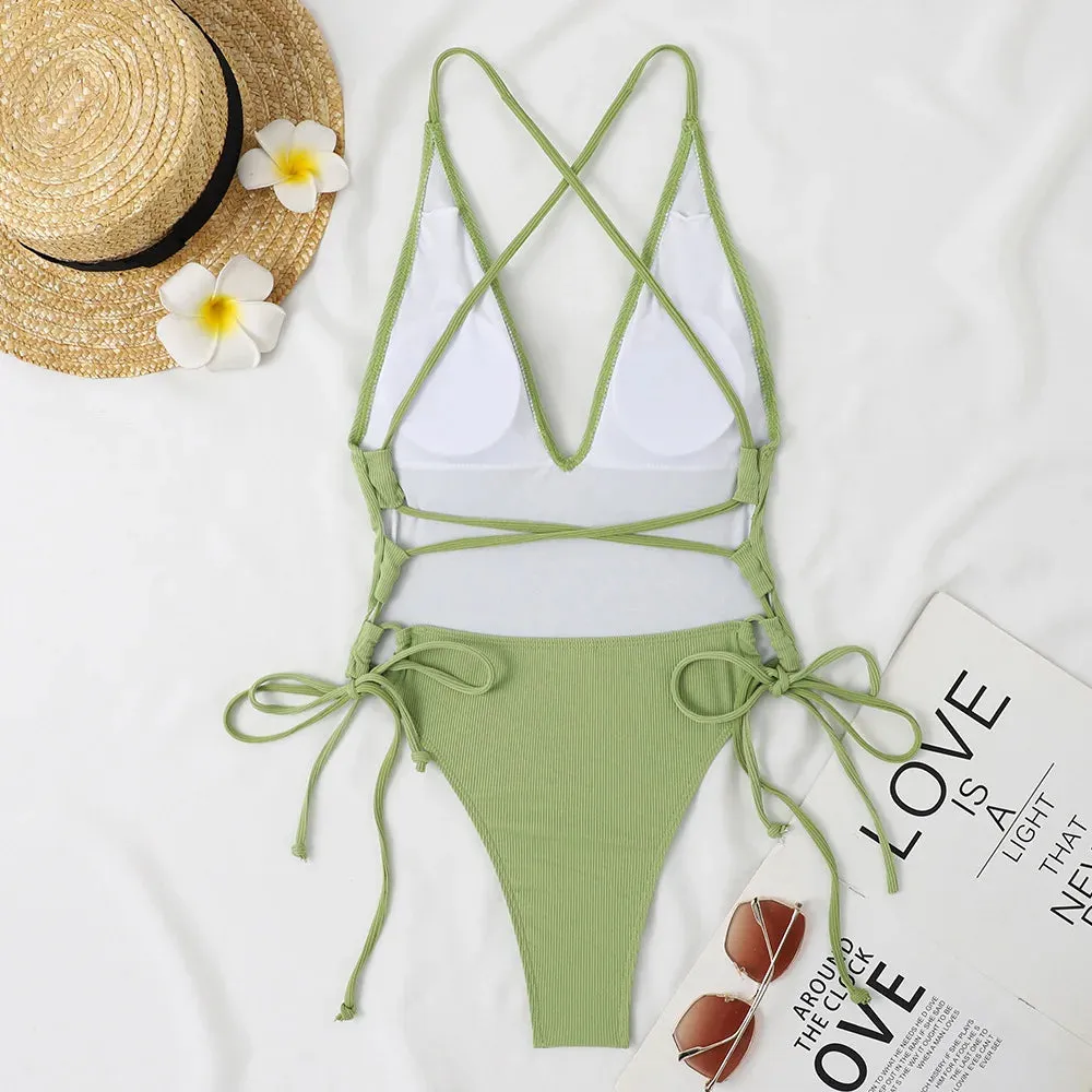 Backless deep cut one piece swimsuit