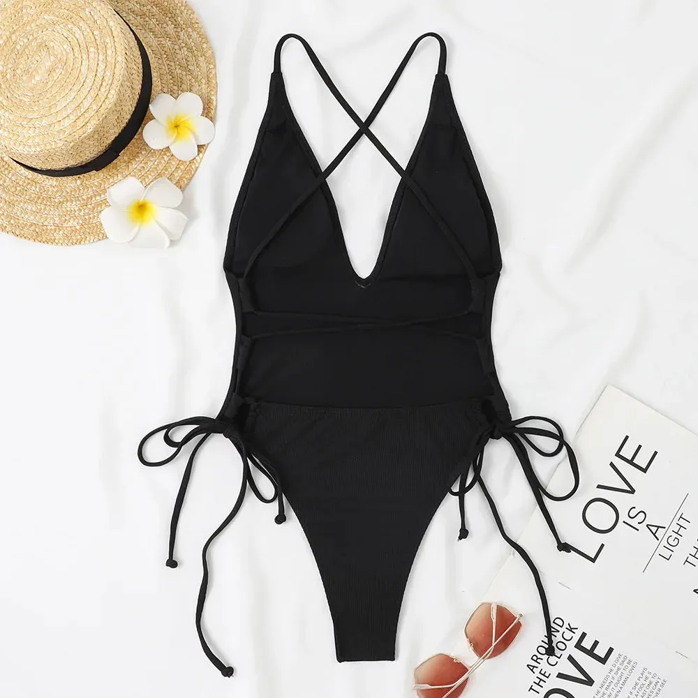Backless deep cut one piece swimsuit