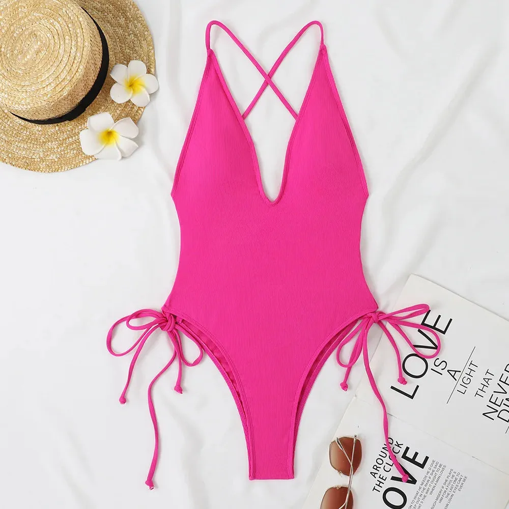 Backless deep cut one piece swimsuit