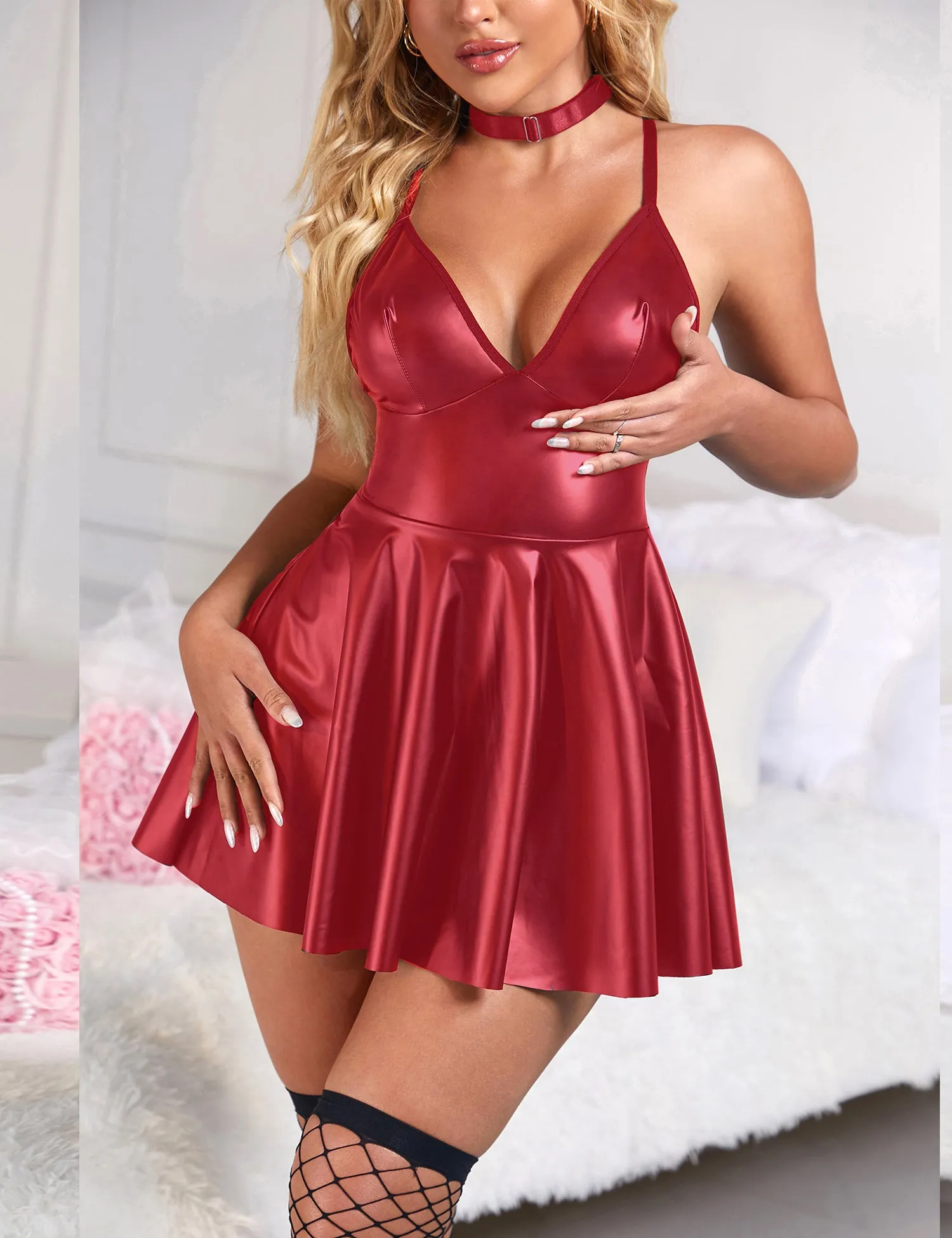 Burgundy PU leather Suspender Sexy Nightdress Egypt