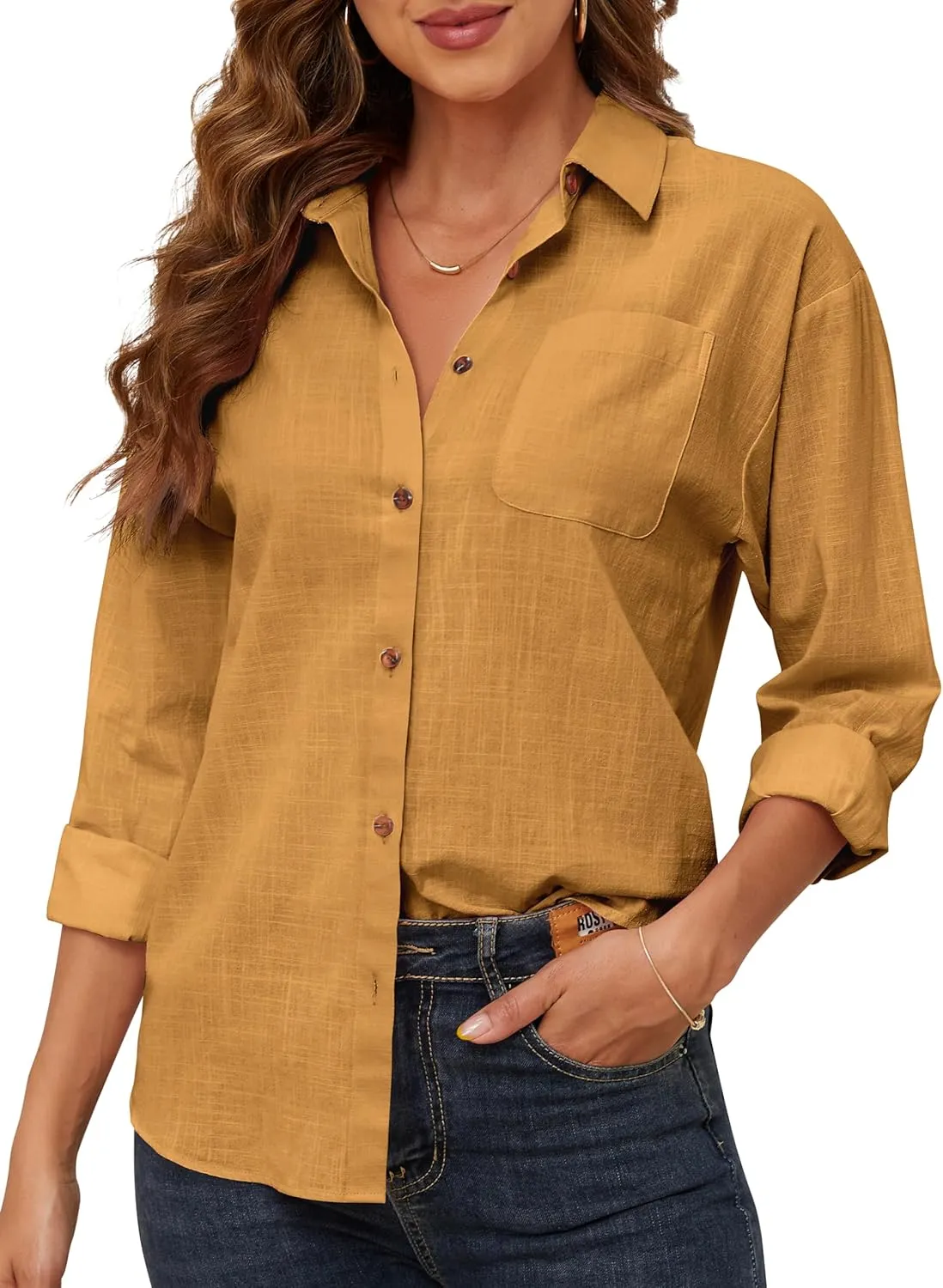 CUNLIN Women's Button Down Shirts Long Sleeve Cotton Summer Beach Wear for Women with Pocket