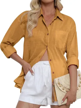 CUNLIN Women's Button Down Shirts Long Sleeve Cotton Summer Beach Wear for Women with Pocket