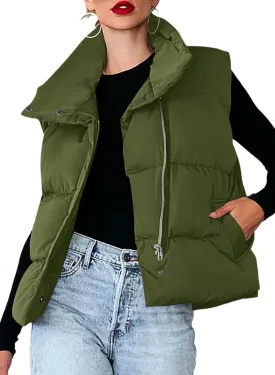 Dokotoo Women's Casual Winter Puffer Vest Sleeveless Cropped Outerwear Warm Lightweight Stand Collar Down Coats with Pockets