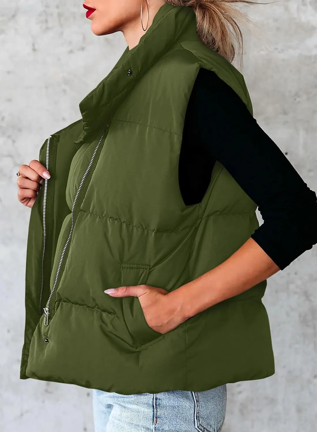 Dokotoo Women's Casual Winter Puffer Vest Sleeveless Cropped Outerwear Warm Lightweight Stand Collar Down Coats with Pockets