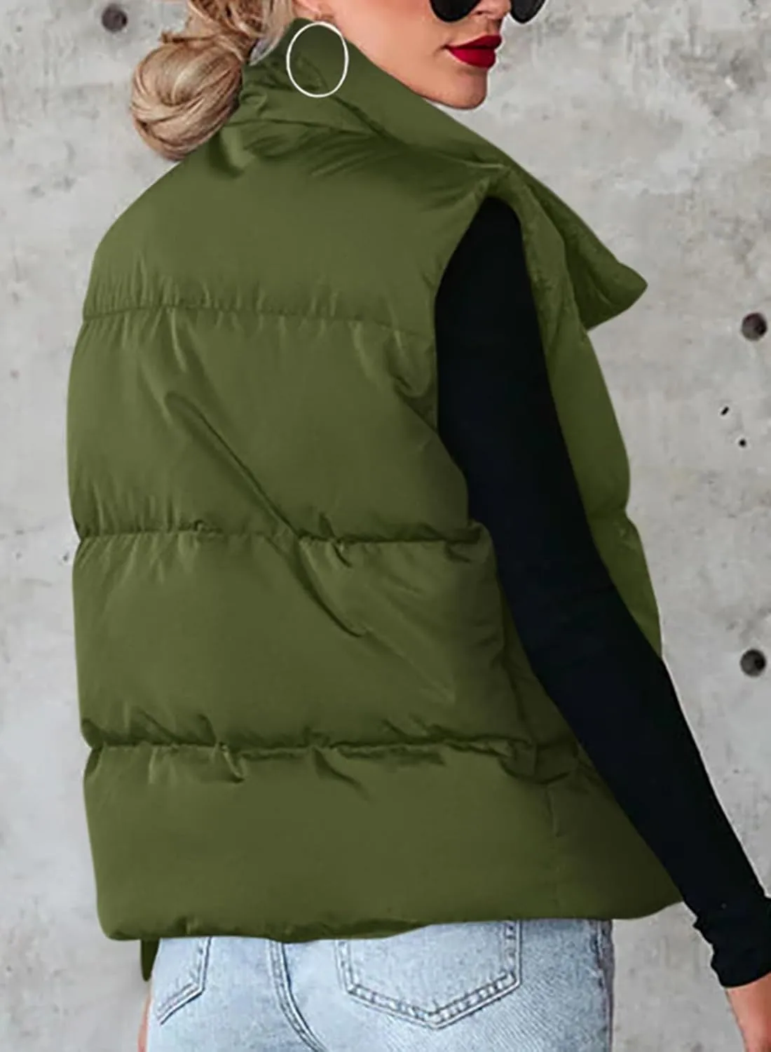 Dokotoo Women's Casual Winter Puffer Vest Sleeveless Cropped Outerwear Warm Lightweight Stand Collar Down Coats with Pockets