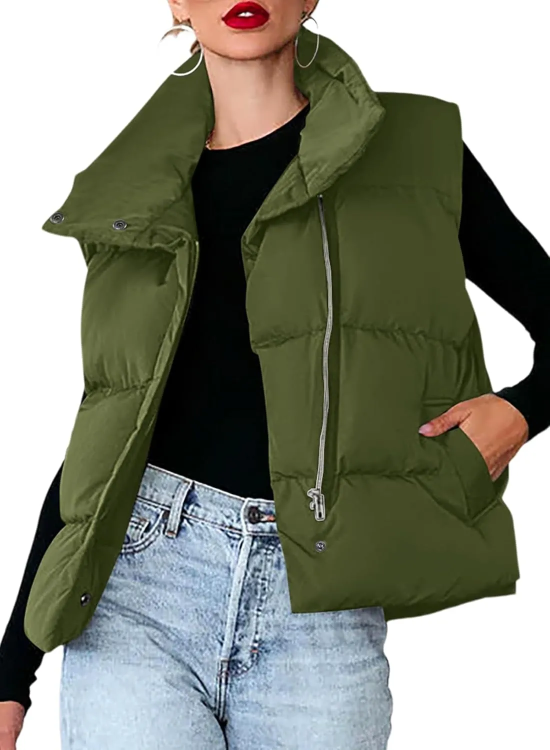 Dokotoo Women's Casual Winter Puffer Vest Sleeveless Cropped Outerwear Warm Lightweight Stand Collar Down Coats with Pockets