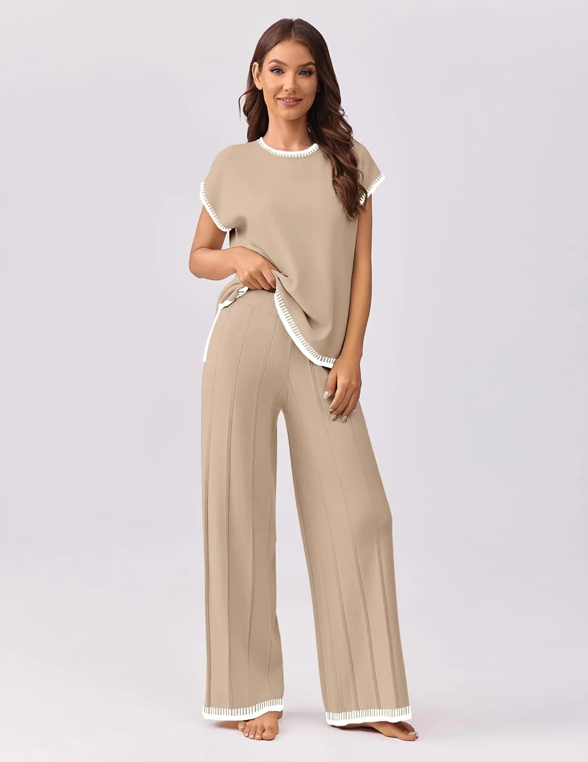 Ekouaer Womens Matching Sets Knit Sweater Sets 2 Pieces Outfits Pullover Tops Wide Legs Pants Lounge Set