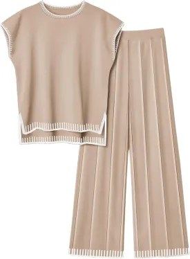 Ekouaer Womens Matching Sets Knit Sweater Sets 2 Pieces Outfits Pullover Tops Wide Legs Pants Lounge Set