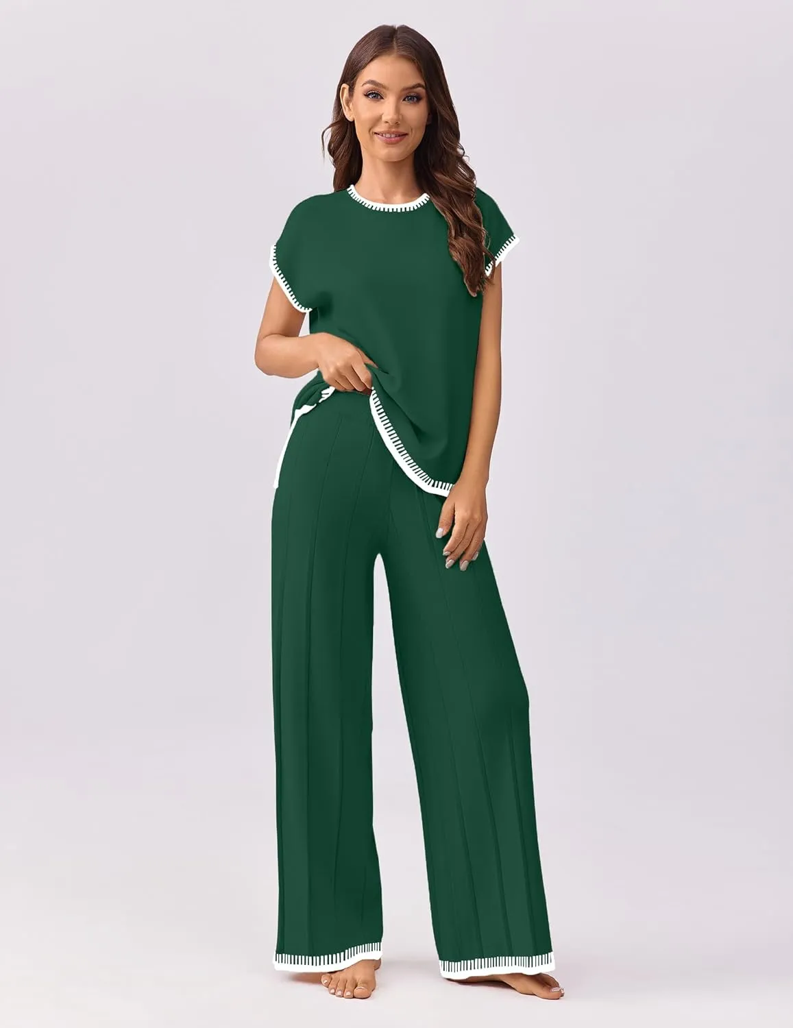 Ekouaer Womens Matching Sets Knit Sweater Sets 2 Pieces Outfits Pullover Tops Wide Legs Pants Lounge Set