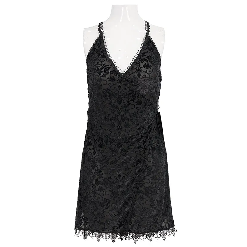 ESX001 sexy lingerie black velvet pattern translucent suspender nightdress