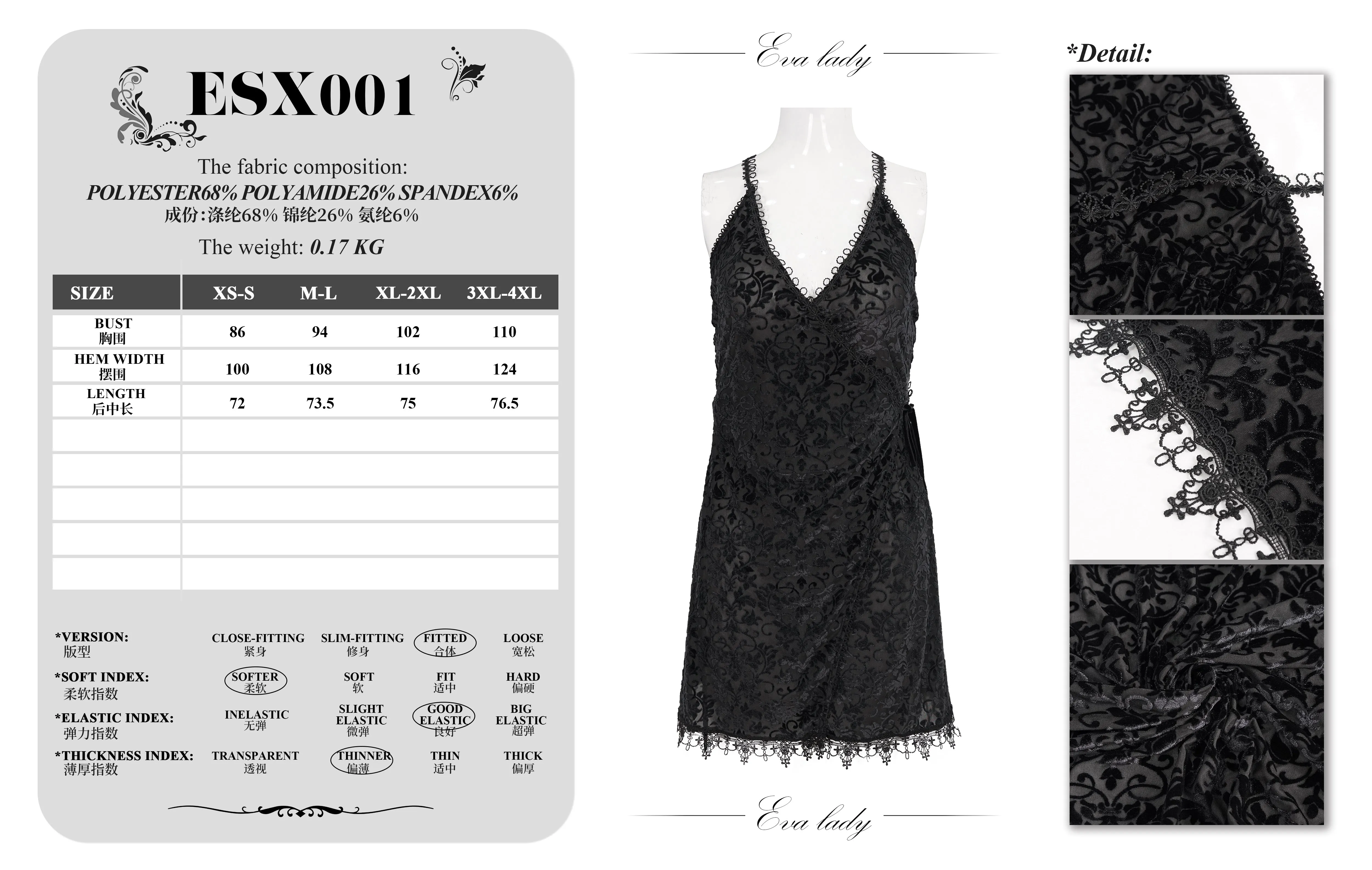 ESX001 sexy lingerie black velvet pattern translucent suspender nightdress