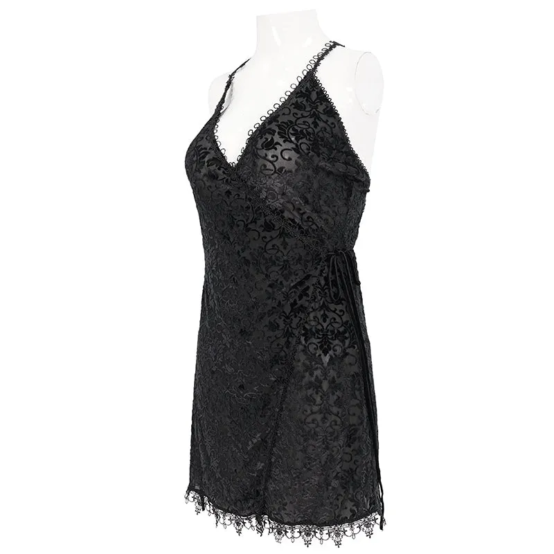 ESX001 sexy lingerie black velvet pattern translucent suspender nightdress