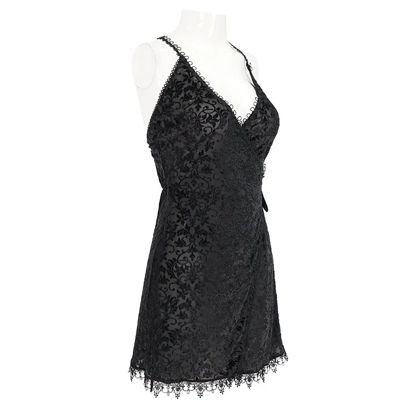 ESX001 sexy lingerie black velvet pattern translucent suspender nightdress