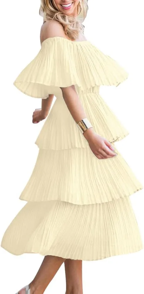 ETCYY Women's Off The Shoulder Ruffles Summer Wedding Guest Loose Casual Chiffon Long Party Beach Maxi Dress