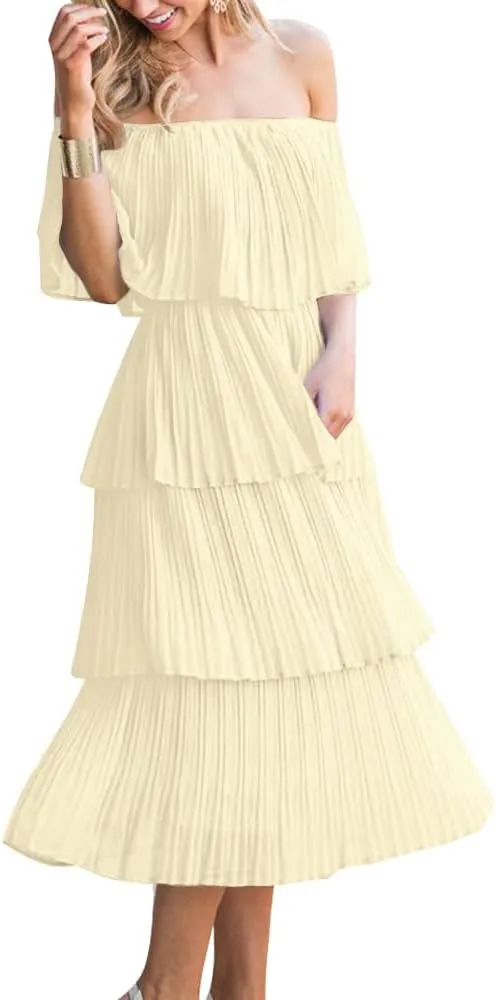 ETCYY Women's Off The Shoulder Ruffles Summer Wedding Guest Loose Casual Chiffon Long Party Beach Maxi Dress