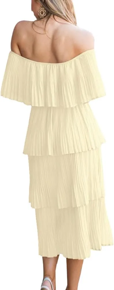 ETCYY Women's Off The Shoulder Ruffles Summer Wedding Guest Loose Casual Chiffon Long Party Beach Maxi Dress