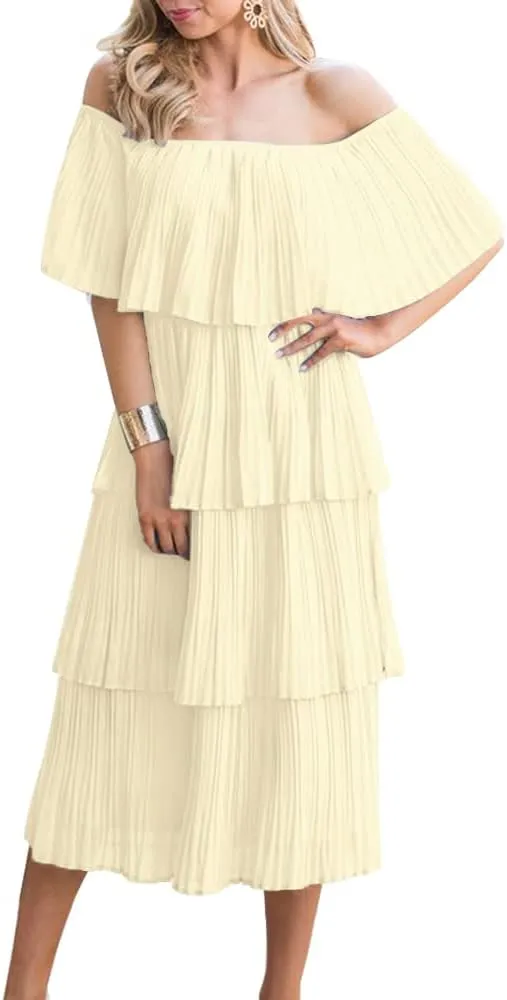 ETCYY Women's Off The Shoulder Ruffles Summer Wedding Guest Loose Casual Chiffon Long Party Beach Maxi Dress