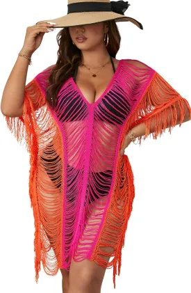 Floerns Women's Plus Size V Neck Fringe Trim Slit Hem Cover Up Swimwear
