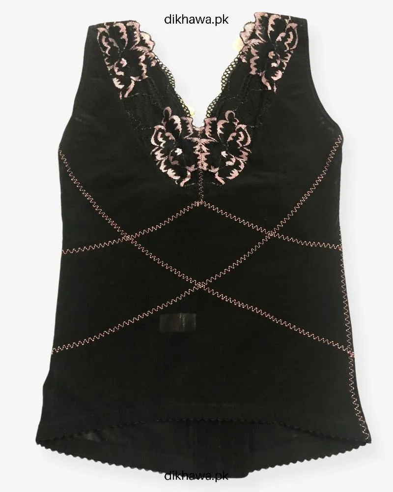 Front Open Upper Half Body Shaper Black Body Suit Top Tummy Embroidered For Women