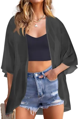 Kimonos for Women Floral Print Puff Sleeve Chiffon Cardigan Loose Casual Summer Tops Beach Cover Up Resort Wear