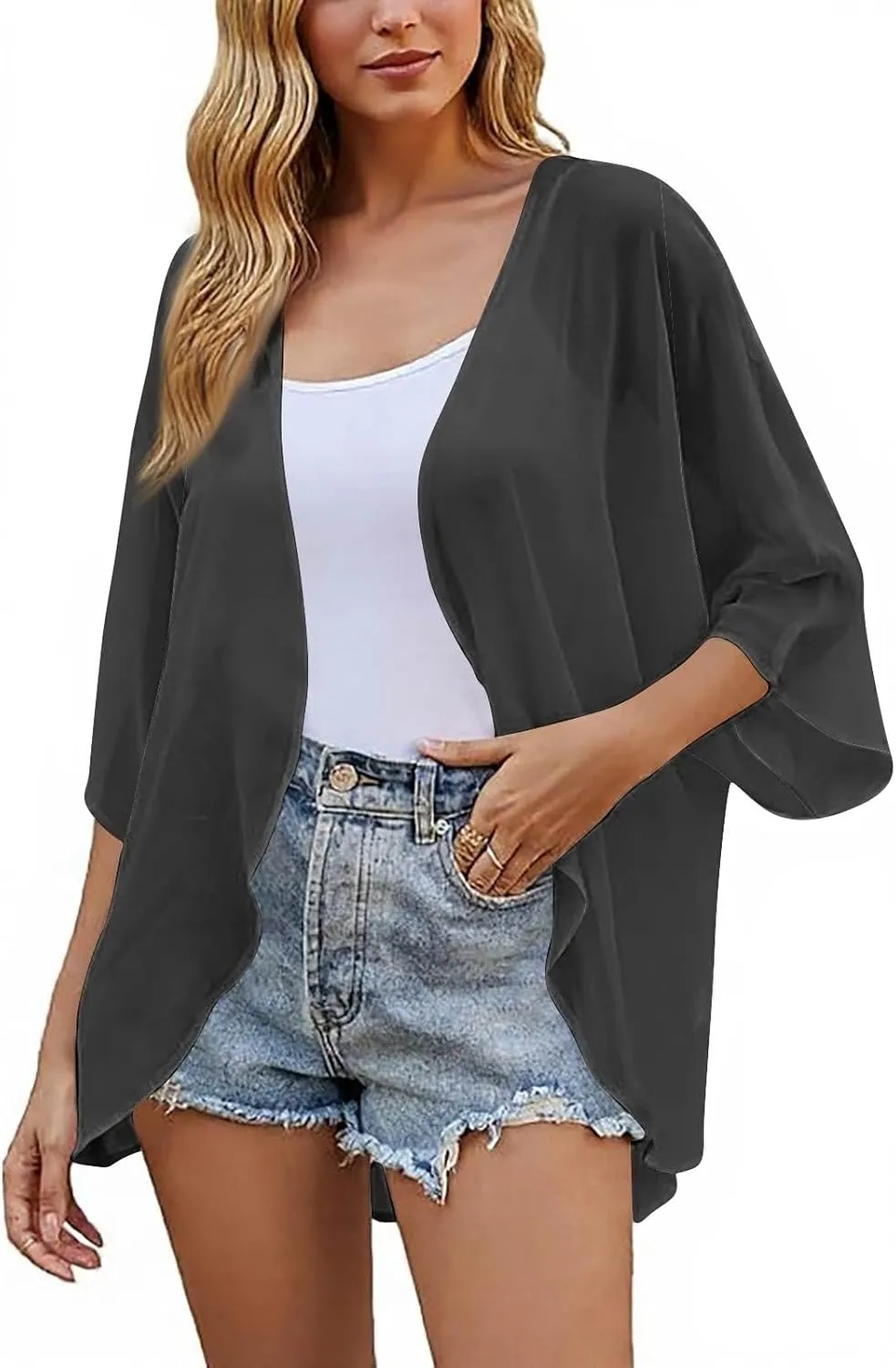 Kimonos for Women Floral Print Puff Sleeve Chiffon Cardigan Loose Casual Summer Tops Beach Cover Up Resort Wear