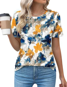 Kistore Womens Casual Crew Neck Short Sleeve Pleated Tops Blouses Fashion Clothes 2025