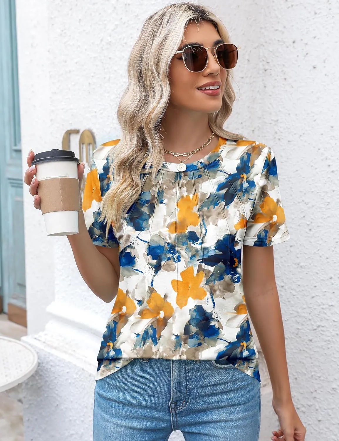 Kistore Womens Casual Crew Neck Short Sleeve Pleated Tops Blouses Fashion Clothes 2025
