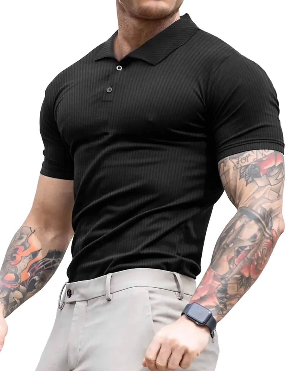 Lehmanlin Men's Muscle Polo Shirts Long&Short Sleeve Casual T- Shirts Slim Fit Stretch Ribbed Golf Tops