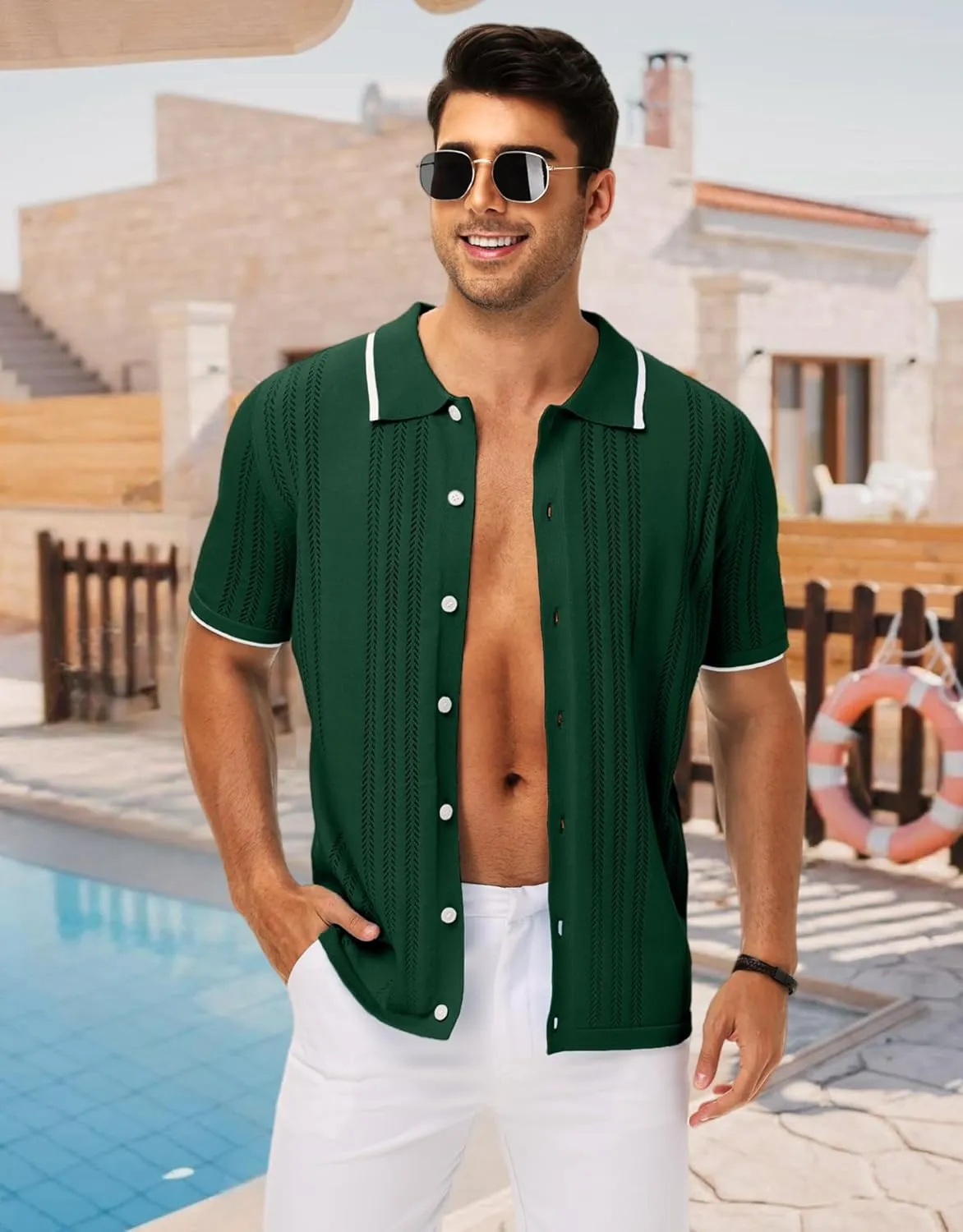 MAPICK Men's Button Down Polo Shirt Casual Short Sleeve Knit Shirt Summer Vacation Beach Clothes