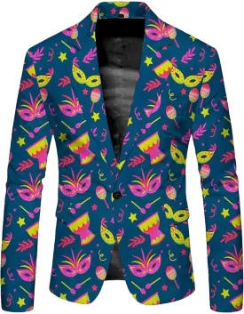 Mardi Gras Blazer for Men Mask Pattern Suit Jackets Notched Lapel Jacket One Buttton Blazer for Carnival Party