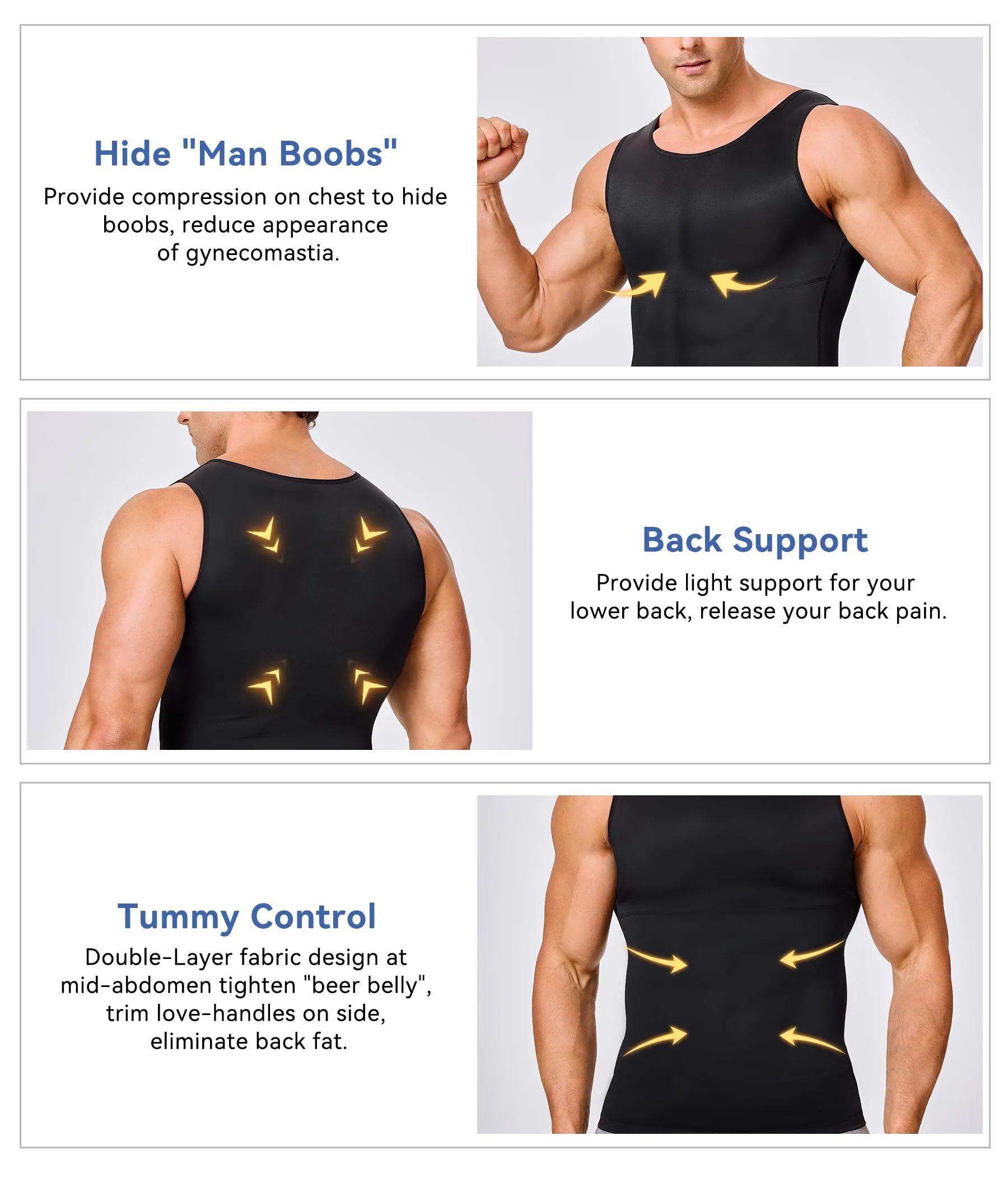 Mens Compression Shirt Slimming Body Shaper Vest Workout Tank Tops Abs Abdomen Undershirts(Black, L)