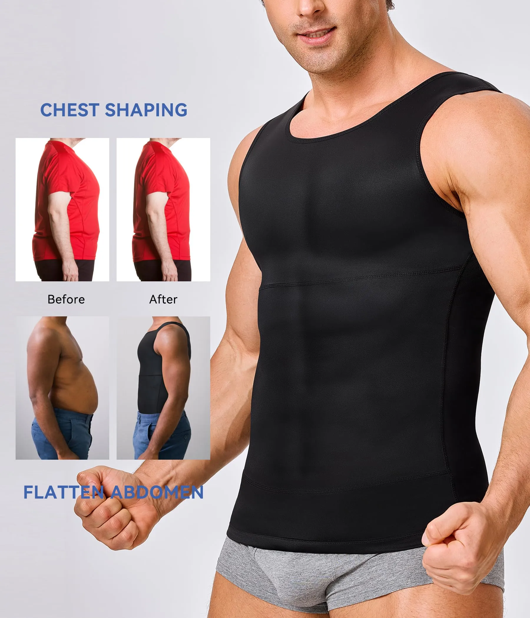 Mens Compression Shirt Slimming Body Shaper Vest Workout Tank Tops Abs Abdomen Undershirts(Black, L)