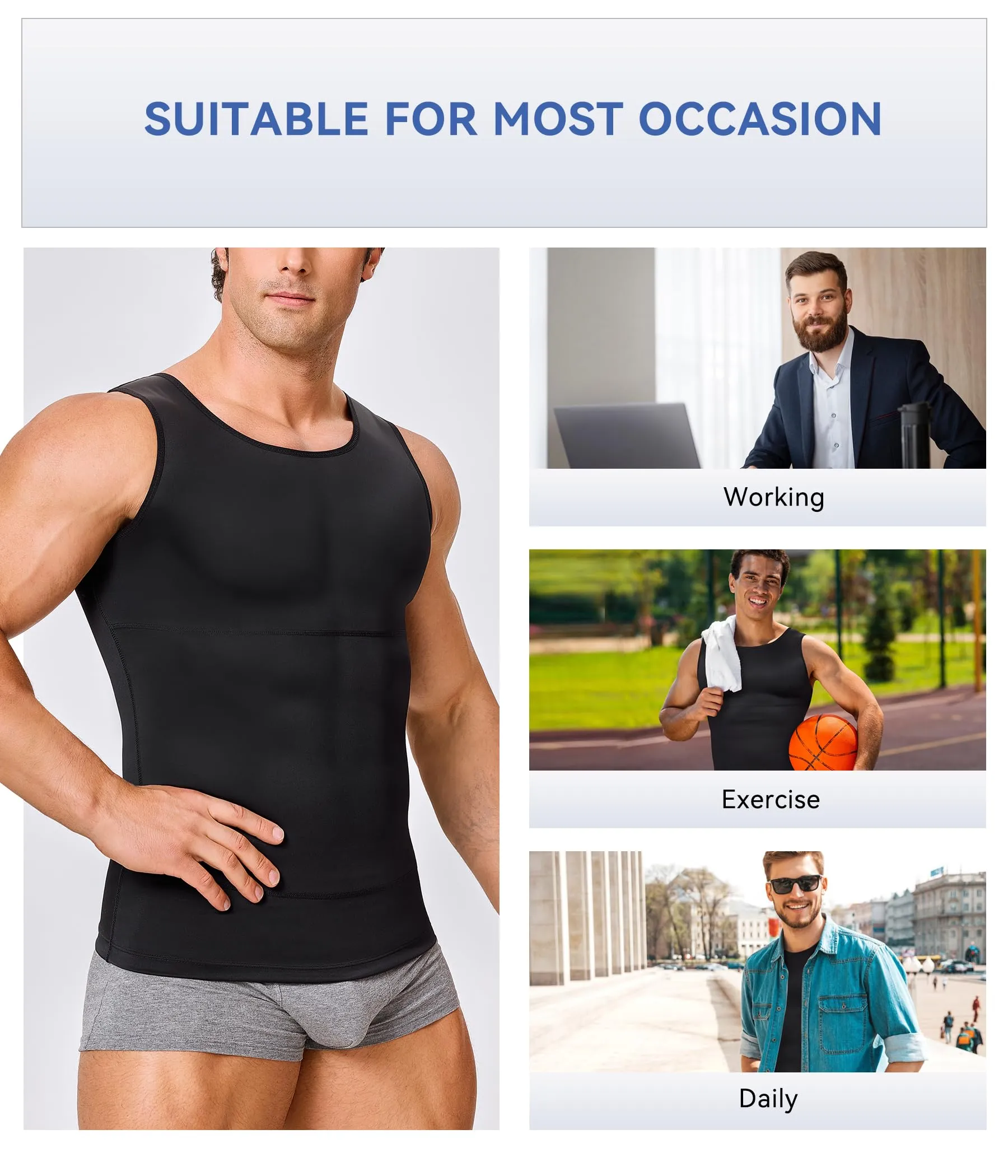 Mens Compression Shirt Slimming Body Shaper Vest Workout Tank Tops Abs Abdomen Undershirts(Black, L)