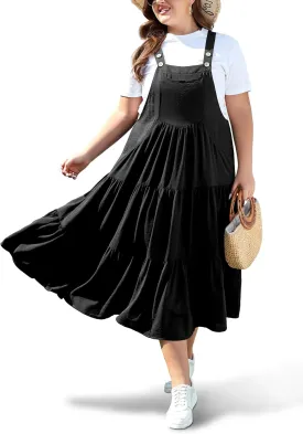 Moon Wood Plus Size Bib Overall Dress for Women Jumper Dress with Pockets Summer Casual Suspender Straps Tiered Maxi Dress