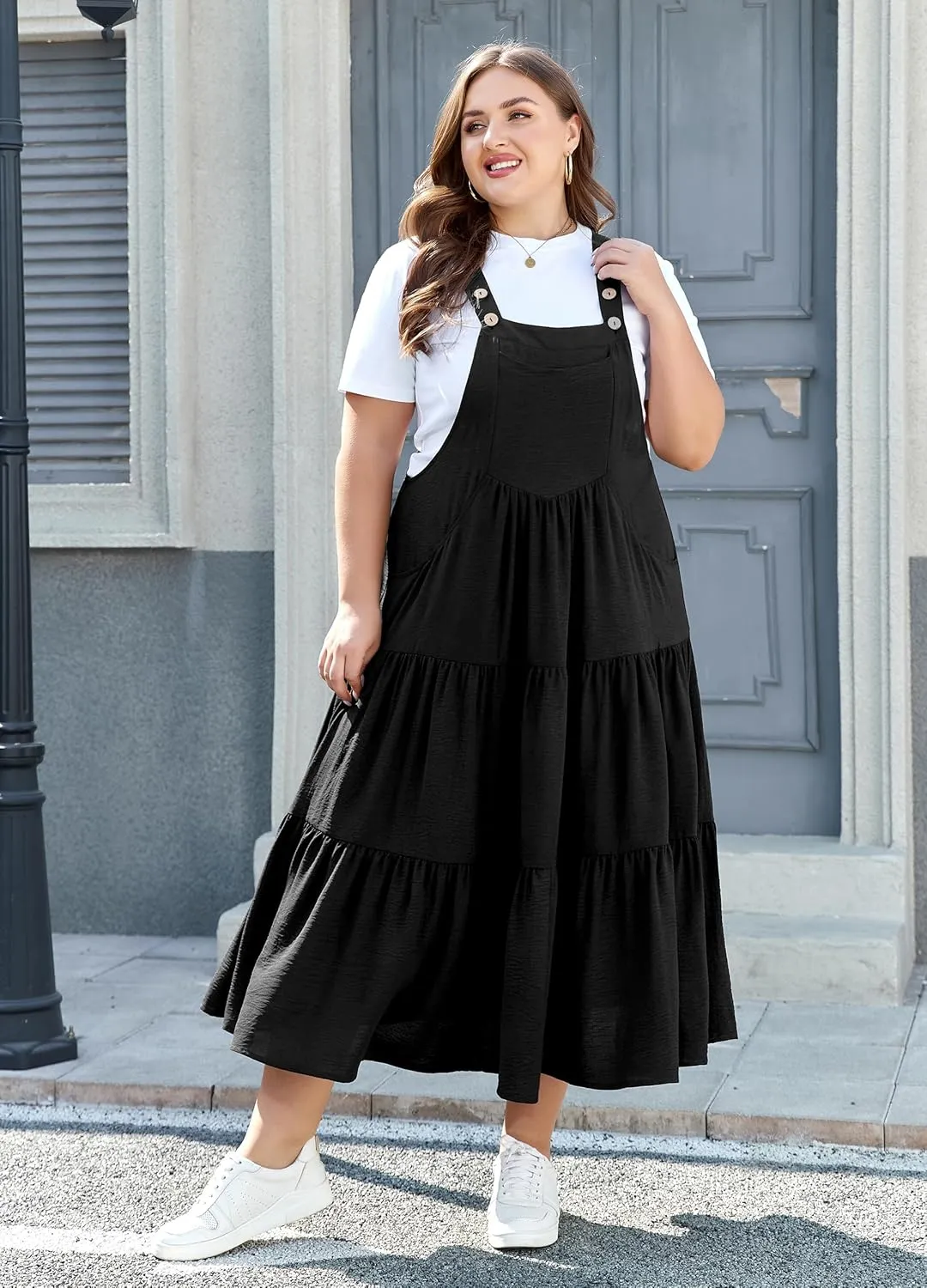 Moon Wood Plus Size Bib Overall Dress for Women Jumper Dress with Pockets Summer Casual Suspender Straps Tiered Maxi Dress