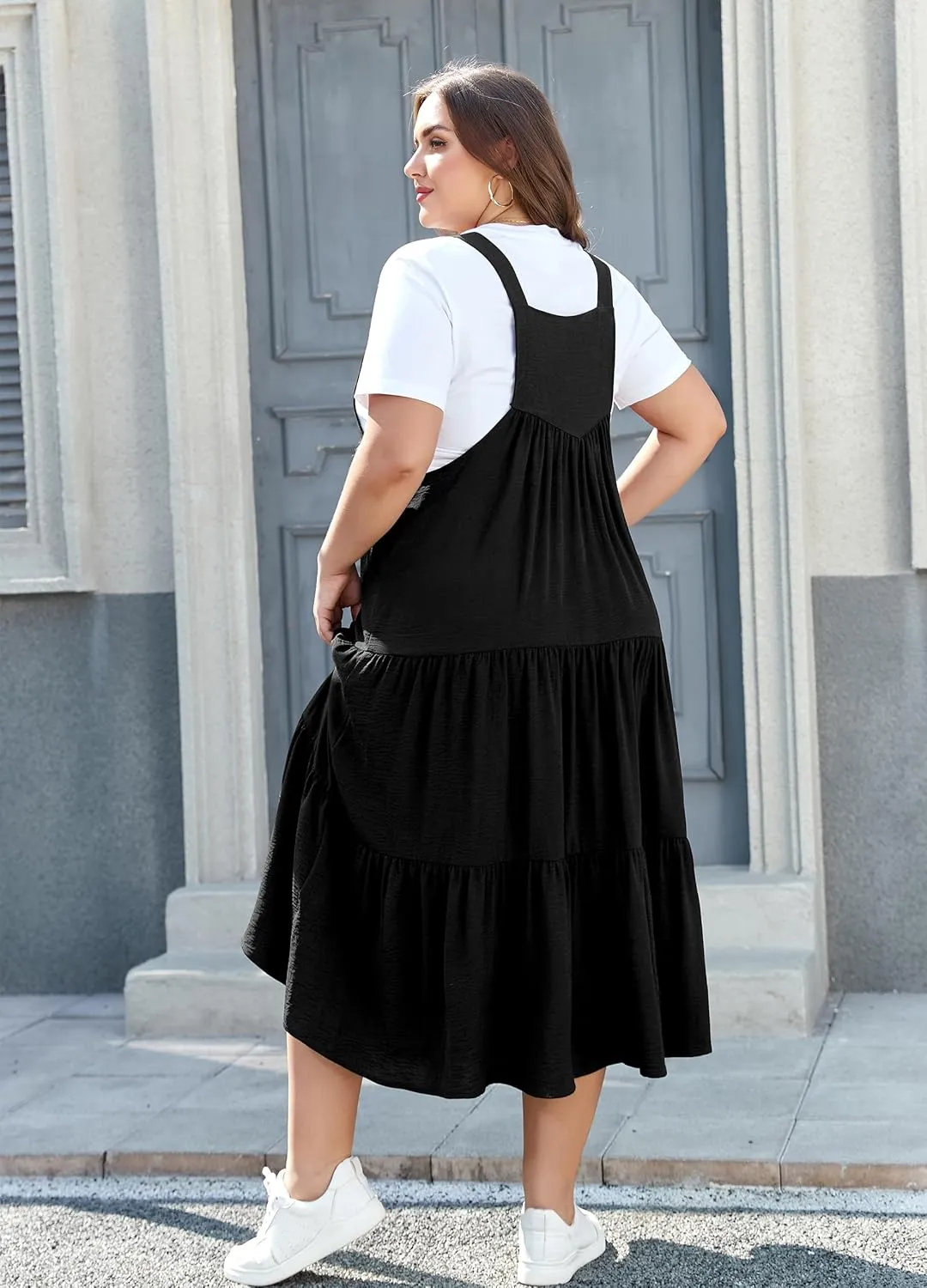 Moon Wood Plus Size Bib Overall Dress for Women Jumper Dress with Pockets Summer Casual Suspender Straps Tiered Maxi Dress