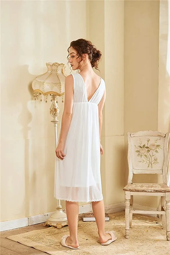 New Alcea Rosea Womens Sleeveless V-Neck Full Slips Lace Lingerie Princess Chemise Nightgown, White, Sz M!
