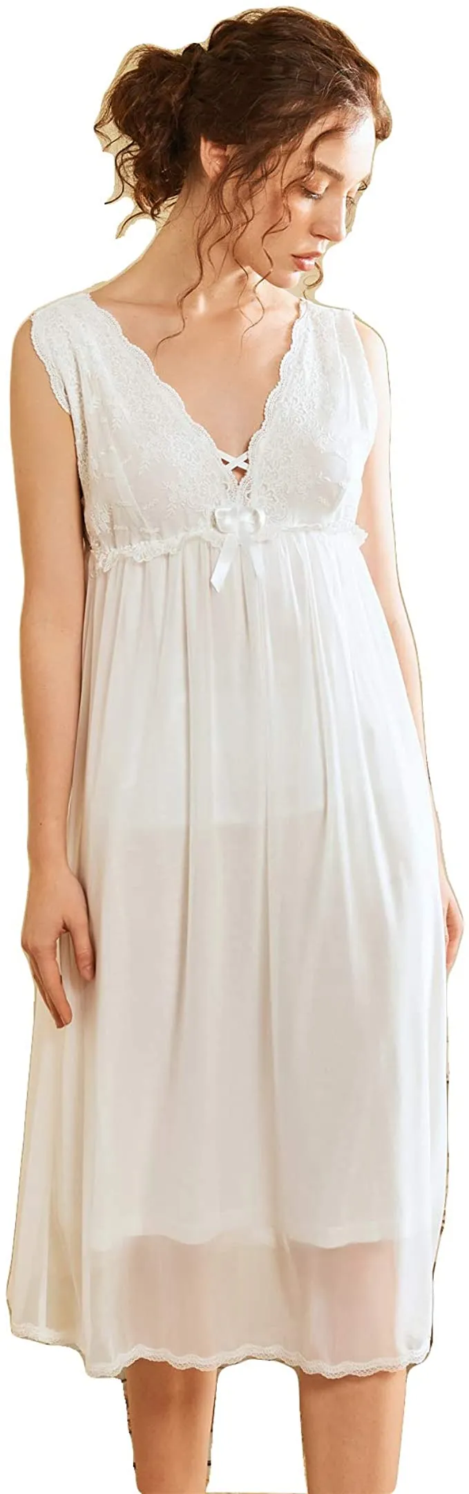 New Alcea Rosea Womens Sleeveless V-Neck Full Slips Lace Lingerie Princess Chemise Nightgown, White, Sz M!