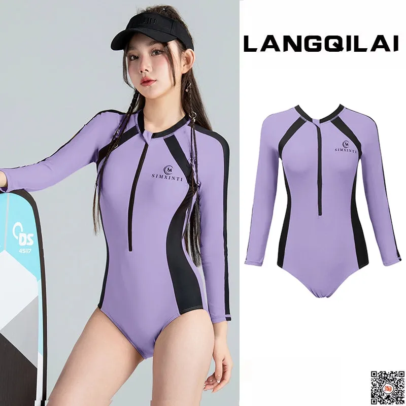 New Diving Suit Women's One-Piece Slim Looking Long Sleeves Snorkeling Surfing Dive Skin Student Conservative Sunscreen Hot Spring Bathing Suit