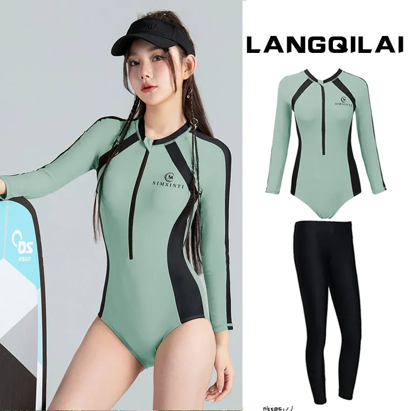 New Diving Suit Women's One-Piece Slim Looking Long Sleeves Snorkeling Surfing Dive Skin Student Conservative Sunscreen Hot Spring Bathing Suit