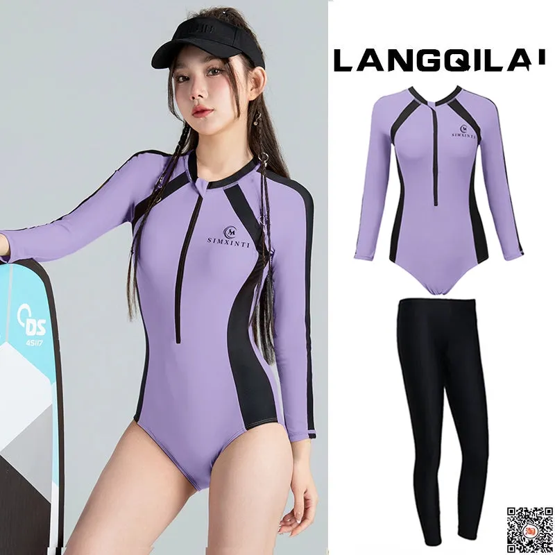 New Diving Suit Women's One-Piece Slim Looking Long Sleeves Snorkeling Surfing Dive Skin Student Conservative Sunscreen Hot Spring Bathing Suit